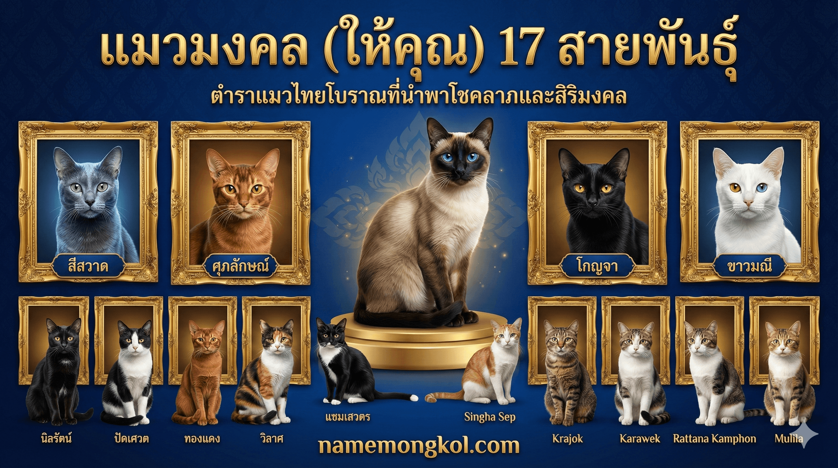 ภาพหน้าปอบทความ 17 แมวมงคลไทย 2569: เปิดตำราสมุดข่อยโบราณ เลี้ยงเสริมดวงตามความเชื่อ - บทความชื่อมงคล NameMongkol