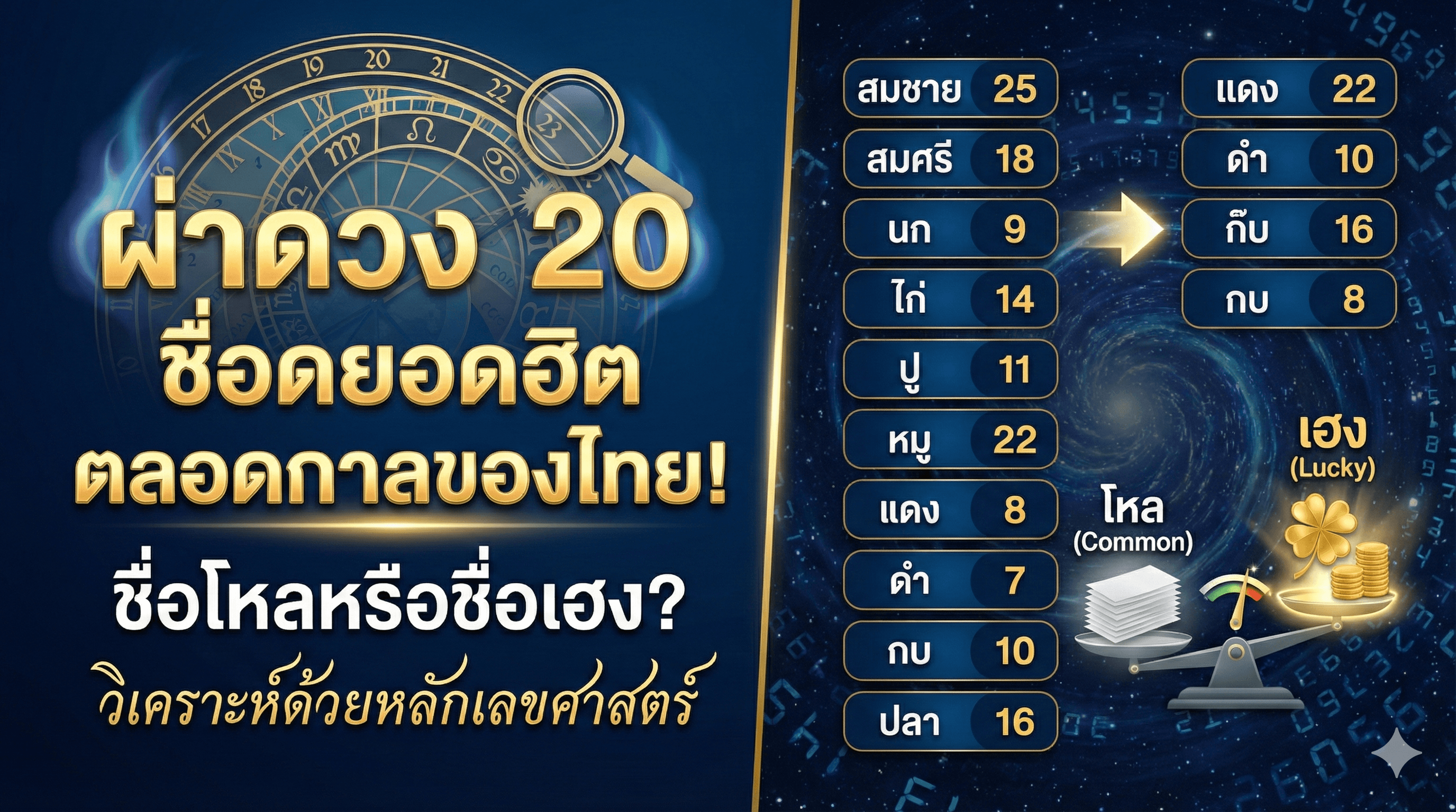 ภาพหน้าปอบทความ ผ่าดวง 20 ชื่อยอดฮิตตลอดกาลของไทย! ชื่อโหลหรือชื่อเฮง? วิเคราะห์ด้วยหลักเลขศาสตร์ - บทความชื่อมงคล NameMongkol