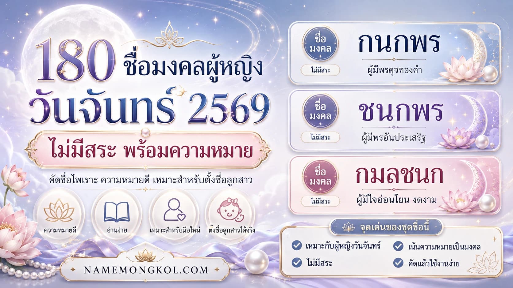 ชื่อมงคลผู้หญิงวันจันทร์ 2569 ไม่มีสระ พร้อมความหมาย